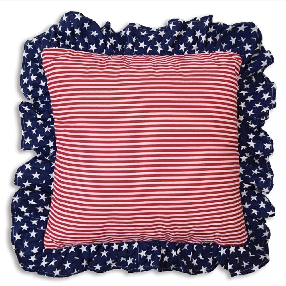 NEW! Country Farmhouse Stars and Stripes Ruffled Throw Pillow Americana Flag
